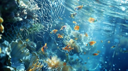 Fototapeta na wymiar Hazy dreamlike depiction of a school of fish swimming in crystal clear water with a faint outoffocus image of a fishing net tangled ast the corals conveying the urgency for responsible .