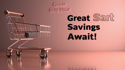 Radiant rose gold background with sleek black lettering "Great Savings Await! Shop Now!"