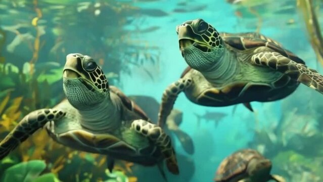 Underwater turtle - slow swimming turtles are captured in a large panoramic image showing aquatic aesthetics.


