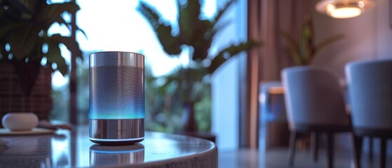 A close-up shot of a modern silver wireless speaker on a table in the home with a hologram for recording voice messages