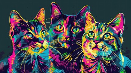 Cat wall stickers. Abstract multicolored neon image of three curious cats in pop art style on a dark green background. digital vector graphics The background is a separate layer