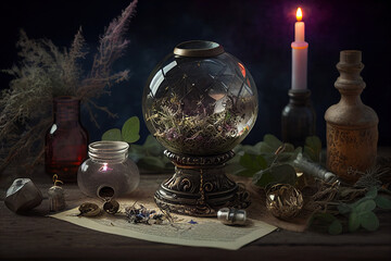 Mysterious Crystal Ball and Candlelight Setup on Antique Table With Various Mystic Objects