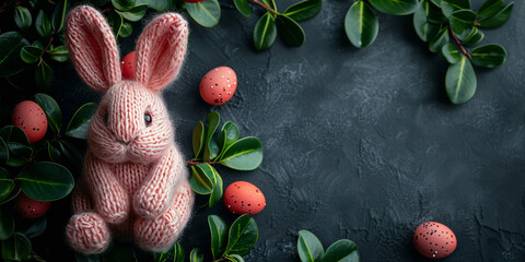 Happy Easter concept greeting card - Cute knitted easter bunny, cuddly toy, on black concrete chalkboard table, top view, flat lay - Powered by Adobe
