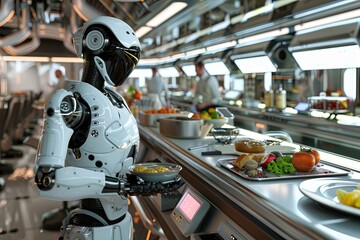 Robot in kitchen holding tray of food and tableware - obrazy, fototapety, plakaty