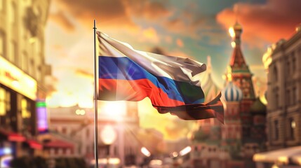 Russia Flag Waving Proudly Blue Sky with Clouds blured city view. Patriotism concept - obrazy, fototapety, plakaty