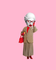 Woman with antique statue head, in glasses, coat, red purse, against a pink background. Contemporary art collage. Timeless elegance with modern twist. Creativity, retro and vintage style, fashion