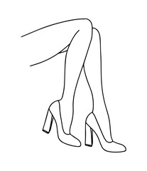 Women's legs in high-heeled pumps. Vector illustration in line art style.