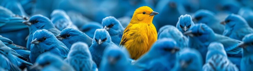 A vibrant yellow bird stands out in a crowd of identical blue birds, symbolizing individuality, uniqueness, and the courage to be different, created with generative AI technology - obrazy, fototapety, plakaty