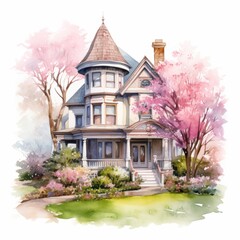 Fototapeta premium water color spring garden victorian house on white background