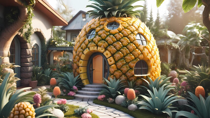 A pineapple-shaped organic house design in the fairy garden, adorable, beautiful modern house...