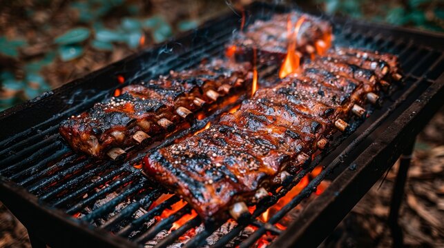 A rack of pork ribs on a grill with flames