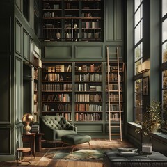 Warm and inviting library with a ladder and a comfortable reading chair - obrazy, fototapety, plakaty