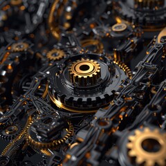 3D render of black and gold gears meshing in a complex machine