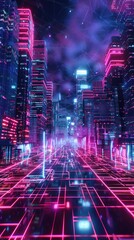 Futuristic neon grid landscape in a virtual reality environment