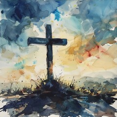 watercolor painting of the cross of Calvary