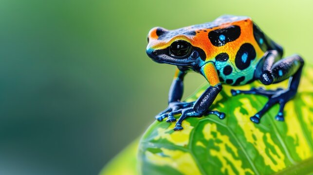 Close view of a colorful poison dart frog on a leaf
