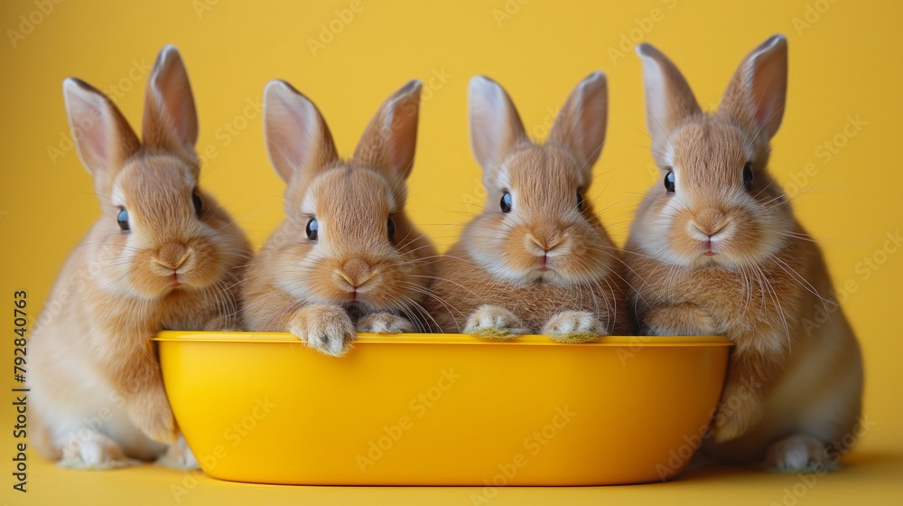 Wall mural group of adorable fluffy bunnies on yellow background