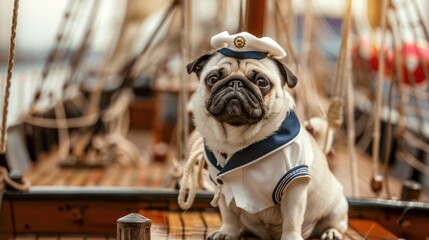 Pug in a sailor uniform on the deck of a model ship - obrazy, fototapety, plakaty