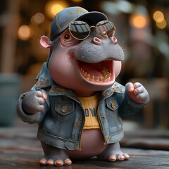 cute hippo dressed in a designer sports jacket - obrazy, fototapety, plakaty