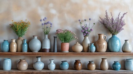 Obraz na płótnie Canvas ceramic vases and jugs on a shelf in front of a beige wall