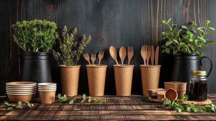 disposable paper cups, plates and cutlery on wooden background - obrazy, fototapety, plakaty