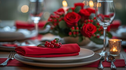 Fototapeta premium elegant table setting with red napkin and cutlery