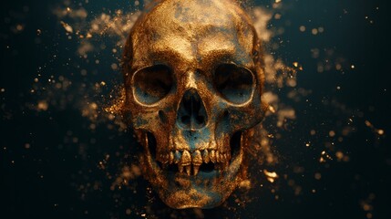 golden skull with gold fluid splashes on black background