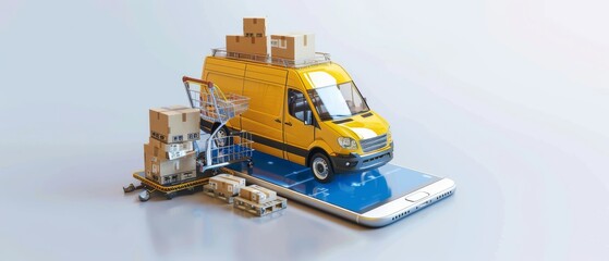 On a white background, an online shopping application on a smartphone is shown with a delivery van.