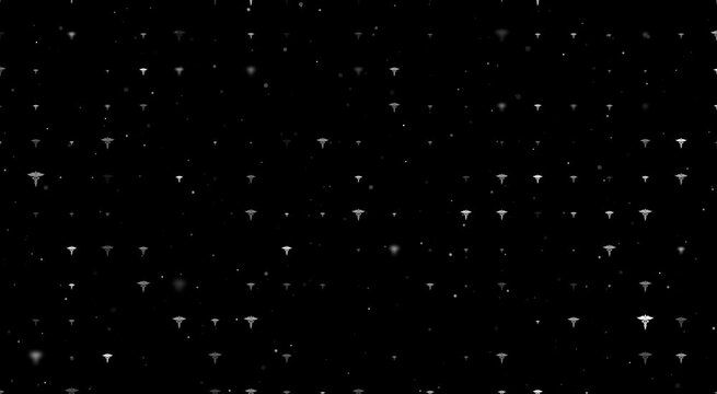 Template animation of evenly spaced caduceus symbols of different sizes and opacity. Animation of transparency and size. Seamless looped 4k animation on black background with stars