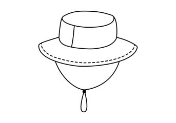 Hand drawn cute outline illustration of camping hat. Flat vector outdoor tourist cap sticker in line art doodle style. Tourism protection headdress from sun icon or print. Adventure, hiking. Isolated.