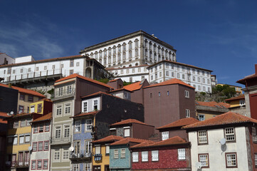 Front of old buildings in downtown Porto in Portugal