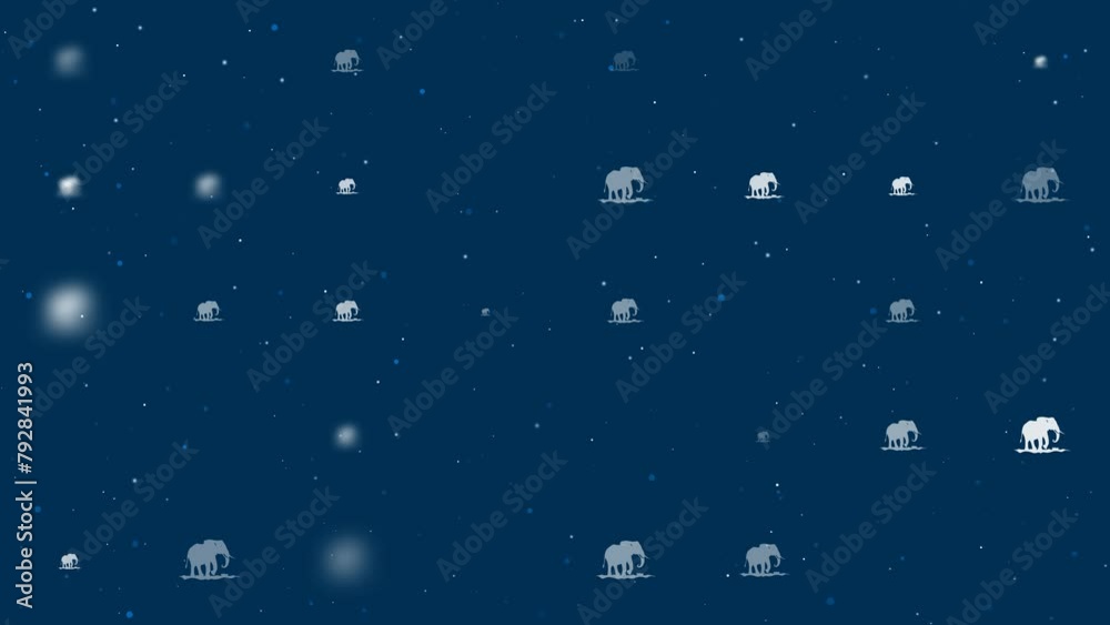 Poster template animation of evenly spaced wild elephant symbols of different sizes and opacity. animation 