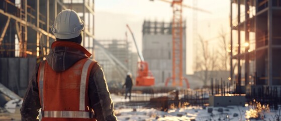 Backshot of a worker contractor wearing a hard hat and safety vest as he walks on a building construction site. In the background is a crane and the frames of a skyscraper forms the background of the