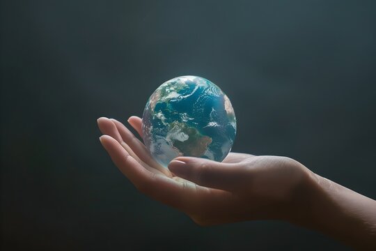 A hand holding a globe. The globe is blue and white