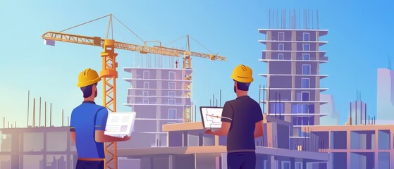 The two specialists inspect a commercial, industrial building construction site. A civil engineer and investor are using a laptop. The crane and formwork frames of the skyscraper can be seen in the