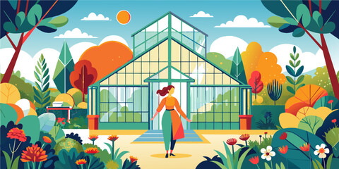 Woman Walking Towards Greenhouse in Vibrant Botanical Garden - obrazy, fototapety, plakaty