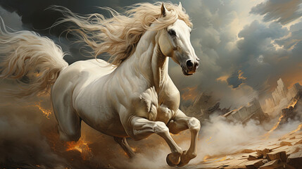 White Horse with Long Hair Flying In The Air
