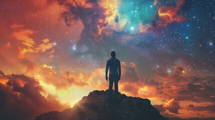 man looking at the sky sky background milky way galaxy Foresight concept