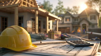 Construction Site in Golden Hour with Hard Hat and Architectural Plans on Wood