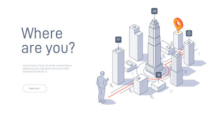 Location tracking concept isometric vector illustration. Choosing shortest road. Isometric illustration with man getting direction to point in city with mobile phone.