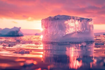 A massive ice chunk floats on the sea as the sun sets in the distance, painting the sky with hues of orange and pink.