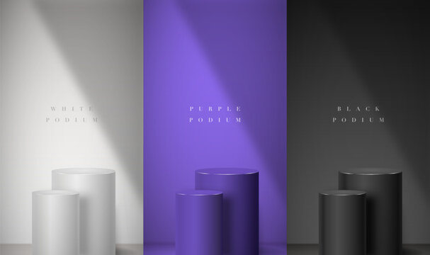 Set of 3 double podiums, white, purple and black. Stock vector illustration. 