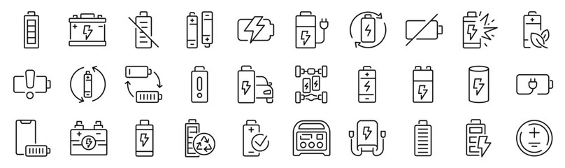 Set of 30 outline icons related to battery. Linear icon collection. Editable stroke. Vector illustration