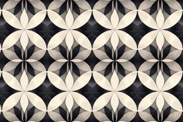 Symmetrical black, white, and gray geometric pattern with leaf-like shapes forming a complex, tessellated design