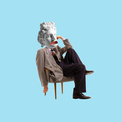 Man with antique statue head wearing suit, siting on chair with thoughtful expression. Contemporary art collage. Philosophy. Concept of creativity, retro and vintage style, imagination, surrealism
