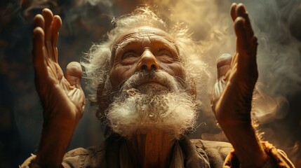 The elderly man, filled with joy and wisdom, lifts his hands to the heavens as a gesture of gratitude and trust, seeking solace and guidance in times of uncertainty. - obrazy, fototapety, plakaty