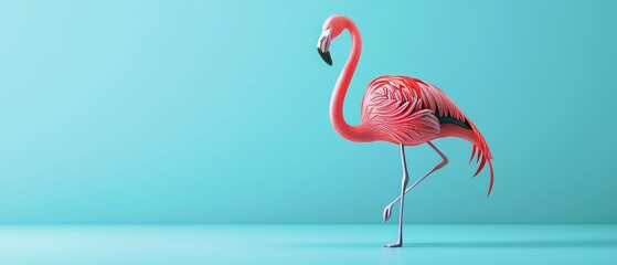 Obraz premium Summer minimal concept with flamingos on blue pastel backgrounds. 3D rendering.