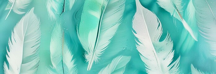 arrangement of delicate turquoise and white feathers, watercolor illustration. concepts: wellness and mindfulness, meditation, yoga, mental well-being, poetry, spiritual ethereal themes, relaxation.