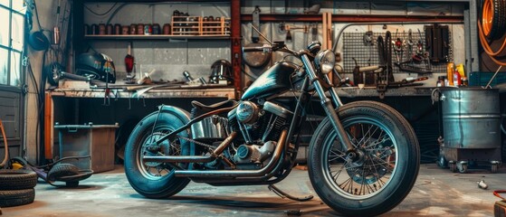 A custom Bobber Motorcycle stands in an authentic creative workshop under a warm light. - obrazy, fototapety, plakaty