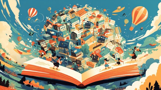 A flat illustration of an open book with images emerging from its pages, showing school buildings and characters in action